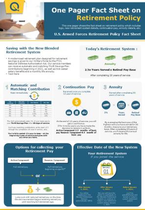One pager fact sheet on retirement policy presentation report infographic ppt pdf document