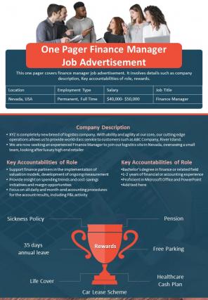 One Pager Finance Manager Job Advertisement Presentation Report Infographic PPT PDF Document