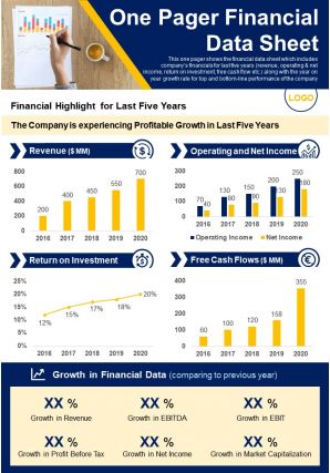 One pager financial data sheet presentation report infographic ppt pdf document