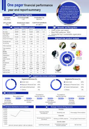 One Pager Financial Performance Year End Report Summary Presentation Infographic Ppt Pdf Document