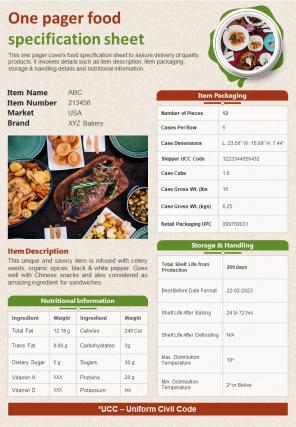 One Pager Food Specification Sheet Presentation Report Infographic PPT PDF Document