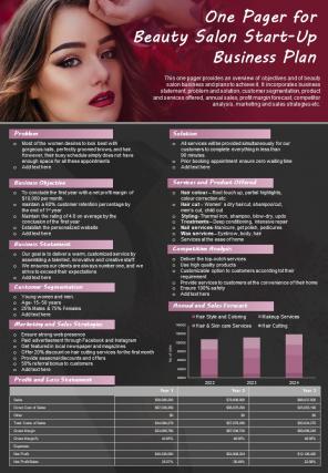 One Pager For Beauty Salon Start Up Business Plan Presentation Report Infographic PPT PDF Document