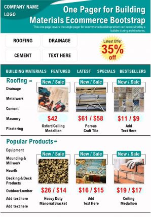 One pager for building materials ecommerce bootstrap presentation report infographic ppt pdf document