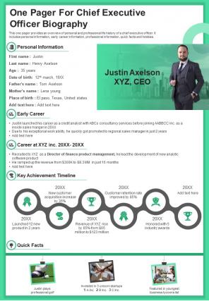 One Pager For Chief Executive Officer Biography Presentation Report Infographic PPT PDF Document