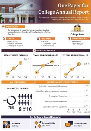 One pager for college annual report presentation report infographic ppt pdf document