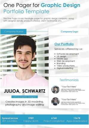 One pager for graphic design portfolio template presentation report infographic ppt pdf document