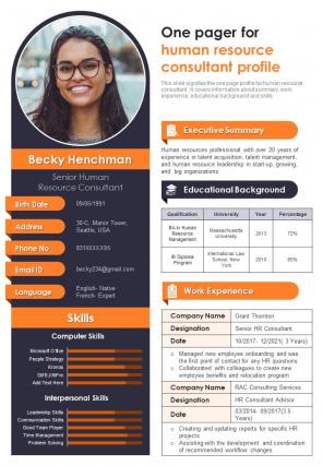 One Pager For Human Resource Consultant Profile Presentation Report Infographic PPT PDF Document