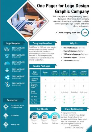 One pager for logo design graphic company presentation report ppt pdf document