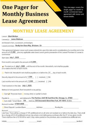 One pager for monthly business lease agreement presentation report infographic ppt pdf document