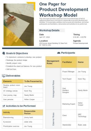 One Pager For Product Development Workshop Model Presentation Report Infographic PPT PDF Document