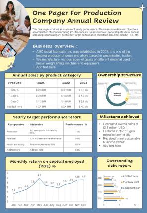 One Pager For Production Company Annual Review Presentation Report Infographic Ppt Pdf Document