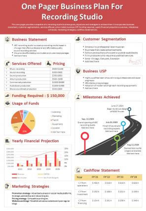 One Pager For Recording Studio Business Plan Presentation Infographic PPT PDF Document