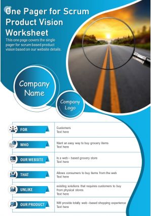 One pager for scrum product vision worksheet presentation report infographic ppt pdf document