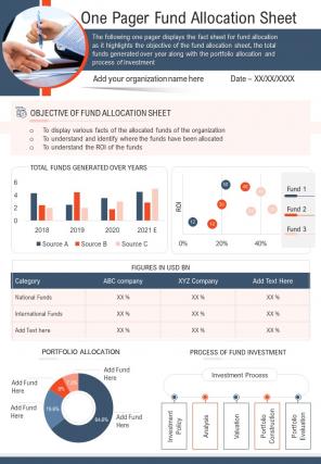 One pager fund allocation sheet presentation report infographic ppt pdf document