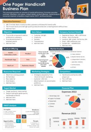 One Pager Handicraft Business Plan Presentation Report Infographic PPT PDF Document