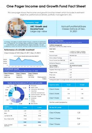 One pager income and growth fund fact sheet presentation report infographic ppt pdf document
