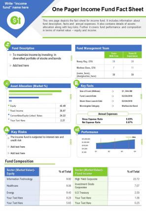 One pager income fund fact sheet presentation report infographic ppt pdf document