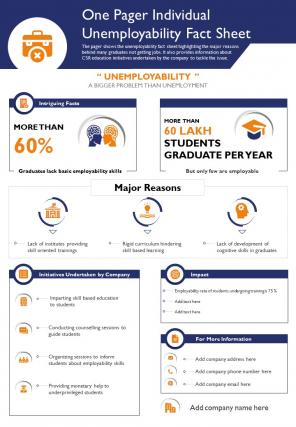 One pager individual unemployability fact sheet presentation report infographic ppt pdf document