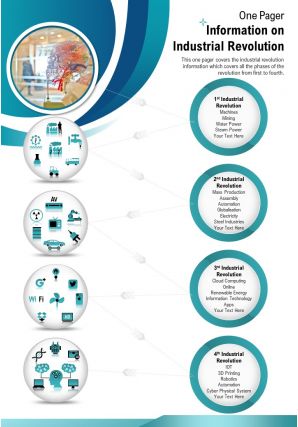 One pager information on industrial revolution presentation report infographic ppt pdf document