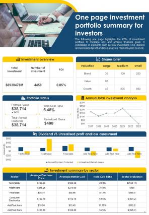 One Pager Investor Summary Presentation Report Infographic PPT PDF Document