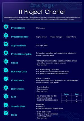 One Pager IT Project Charter Presentation Report Infographic PPT PDF Document