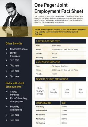One pager joint employment fact sheet presentation report infographic ppt pdf document