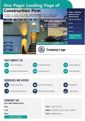 One pager landing page of construction firm presentation report infographic ppt pdf document