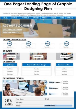 One pager landing page of graphic designing firm presentation report infographic ppt pdf document