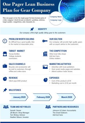 One pager lean business plan for gear company presentation report infographic ppt pdf document