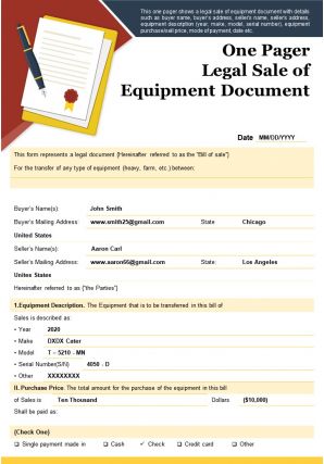 One pager legal sale of equipment document presentation report infographic ppt pdf document