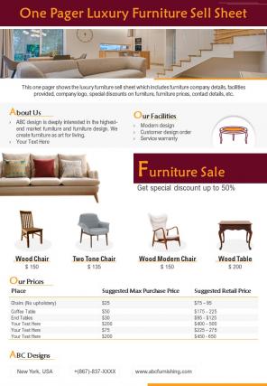 One pager luxury furniture sell sheet presentation report infographic ppt pdf document