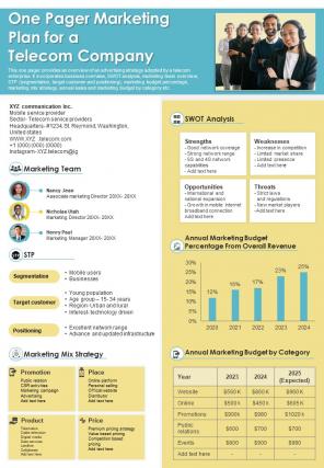 One pager marketing plan for a telecom company presentation report infographic PPT PDF document