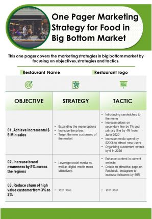 One pager marketing strategy for food in big bottom market presentation report infographic ppt pdf document
