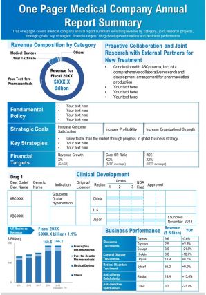 One pager medical company annual report summary presentation report infographic ppt pdf document