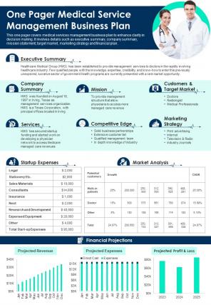 One Pager Medical Service Management Business Plan Presentation Report Infographic PPT PDF Document
