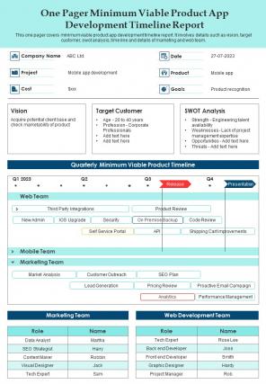 One Pager Minimum Viable Product App Development Timeline Report Presentation Infographic Ppt Pdf Document