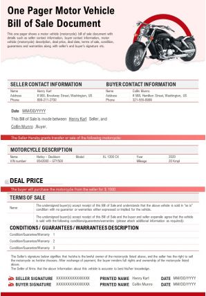 One pager motor vehicle bill of sale document presentation report infographic ppt pdf document