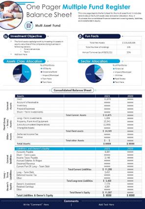 One pager multiple fund register balance sheet presentation report infographic ppt pdf document