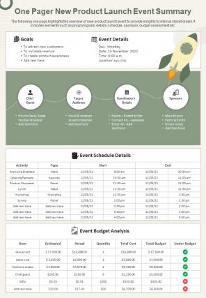 One Pager New Product Launch Event Summary Presentation Report Infographic PPT PDF Document