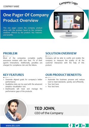 One pager of company product overview presentation report ppt pdf document