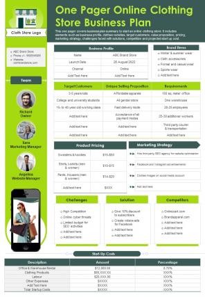 One Pager Online Clothing Store Business Plan Presentation Report Infographic PPT PDF Document