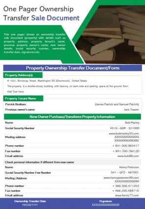 One pager ownership transfer sale document presentation report infographic ppt pdf document