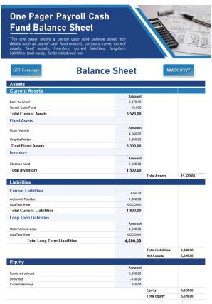 One pager payroll cash fund balance sheet presentation report infographic ppt pdf document
