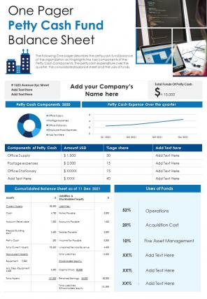 One pager petty cash fund balance sheet presentation report infographic ppt pdf document