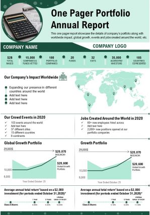 One pager portfolio annual report presentation report infographic ppt pdf document