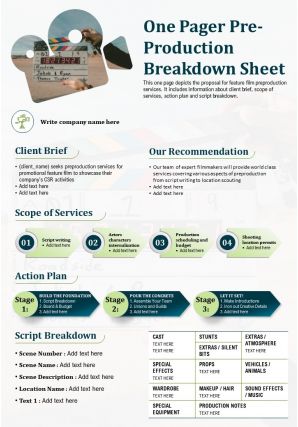 One pager pre production breakdown sheet presentation report infographic ppt pdf document