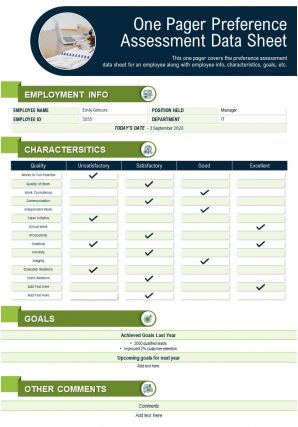 One pager preference assessment data sheet presentation report infographic ppt pdf document