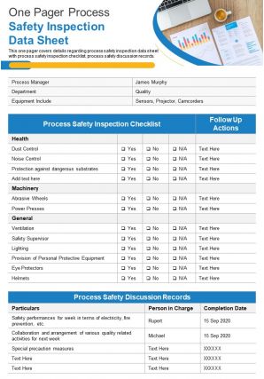 One pager process safety inspection data sheet presentation report infographic ppt pdf document