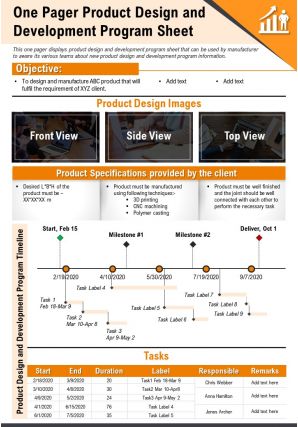 One pager product design and development program sheet presentation report infographic ppt pdf document
