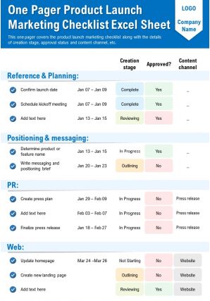 One pager product launch checklist excel sheet presentation report infographic ppt pdf document